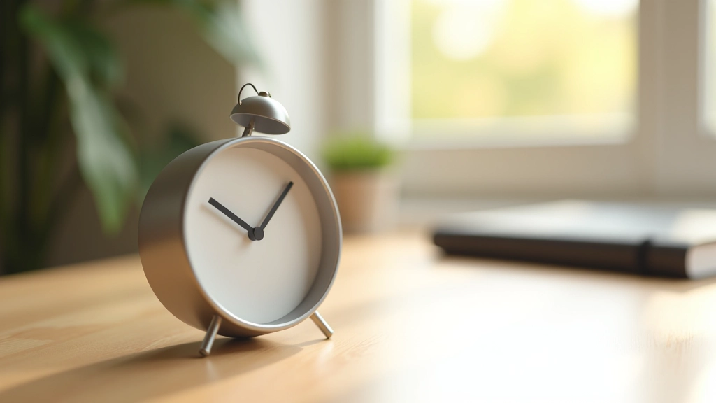 Relógio analógico numa secretária limpa com anotações de blocos de tempo focado
