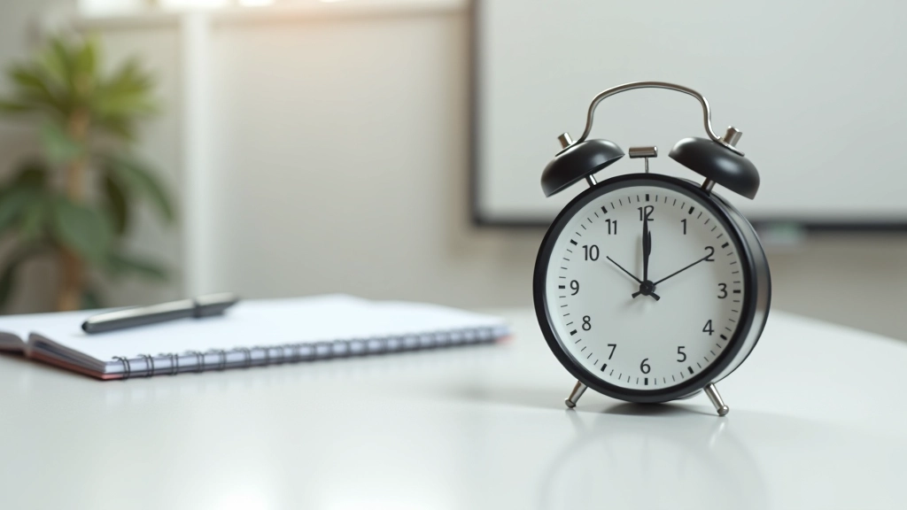 Relógio analógico em secretária limpa com bloco de notas, lápis, ambiente de trabalho minimalista sem ecrã visível, luz neutra