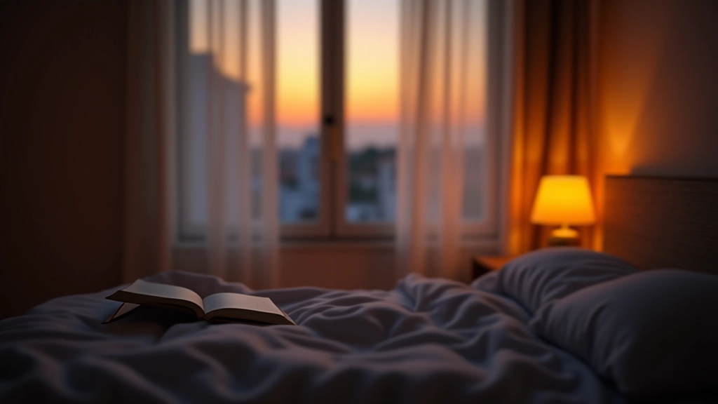 Quarto aconchegante ao anoitecer com luz suave, cama com roupa de cama confortável, livro na mesa de cabeceira, sem dispositivos eletrónicos visíveis