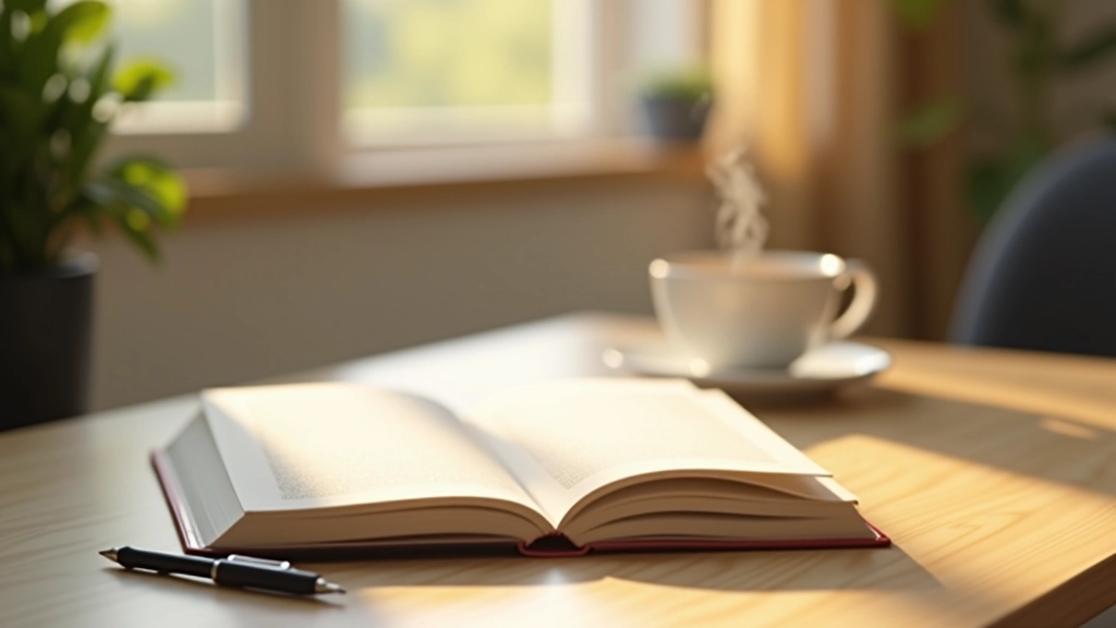 Mesa de trabalho matinal com livro aberto, caneta, xícara de chá fumegante, luz solar natural vinda de janela, ambiente limpo e sereno