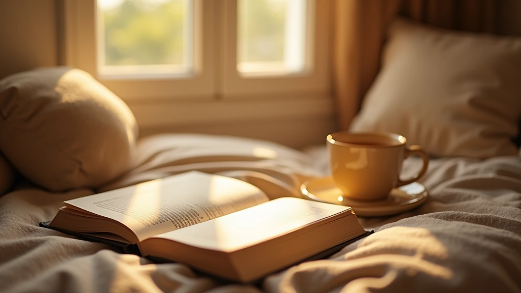 Livro aberto perto de uma chávena de chá numa sala sem telemóvel visível