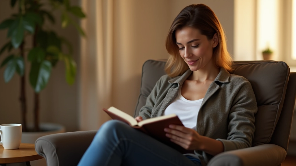 Pessoa numa sala aconchegante a ler um livro com luz natural, xícara de café na mesa lateral, ambiente calmo e organizado