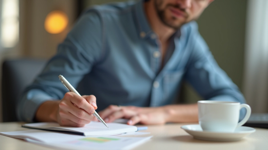 Pessoa a escrever num bloco de notas com caneta, planeando a sua semana, mesa com café, ambiente estruturado e organizado