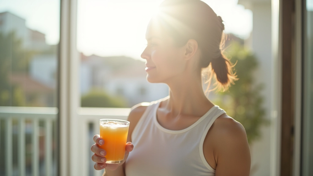 Pessoa descansando numa varanda com luz natural, bebendo água, longe de dispositivos eletrónicos